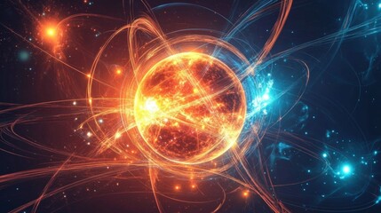 particle collision art, complementary energy spheres, luminescent orbital traces, deep space ambiance, atomic balance concept, dynamic fusion visualization, cosmic interaction design, quantum light