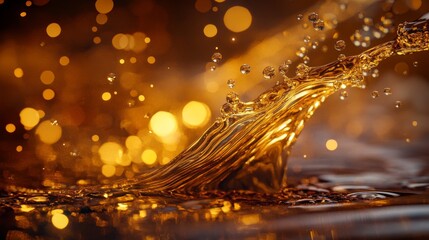 precious liquid dynamics, molten gold splash, magical light particles, warm atmospheric glow, premium product photography, elegant fluid motion, high end commercial render, celestial bokeh effect