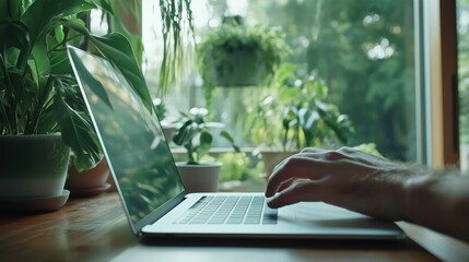 Laptop on a wooden desk surrounded by green plants near a large window. Home office, sustainable workspace