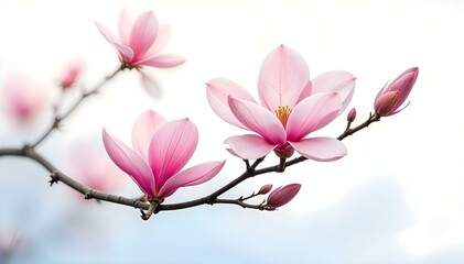 Close-up of pink magnolia flowers blooming against a pure white background.