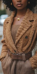 Casual Stylish Woman, Brown Knit Cardigan, Urban Backdrop for Fashion, Lifestyle, Professional Contexts