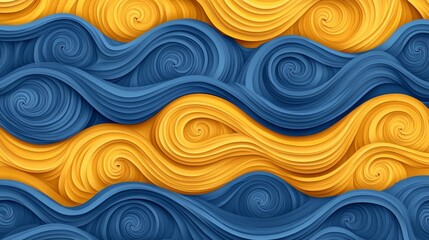 seamless wave pattern art, stacked layer design, oceanic blue merging into sunny yellow, gentle flowing curves, abstract papercut effect, minimalist composition, professional background template
