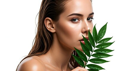 A young woman with wet hair and bare shoulders, holding a water droplet-covered leaf, showcasing freshness and hydration, isolated on a white background.