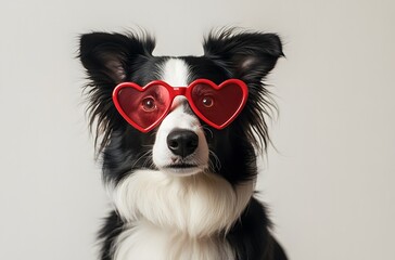 Fototapeta premium Valentine's Day concept. Funny puppy dog border collie in red heart shaped glasses isolated on white background