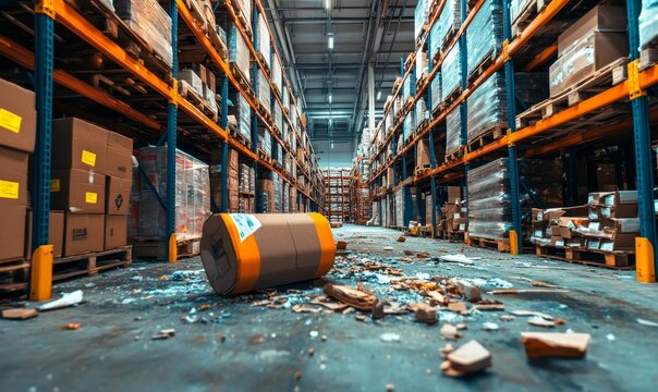 Damaged warehouse; scattered debris; cardboard; fallen barrel.