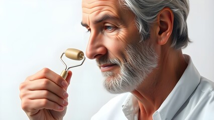 A senior man with salt-and-pepper hair using a facial roller, demonstrating modern self-care practices, isolated on white background.