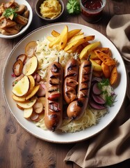 Beautifully styled plate of grilled bratwurst on top of crispy fried potato wedges with a tangy and sour side of sauerkraut, side dish, meat, restaurant