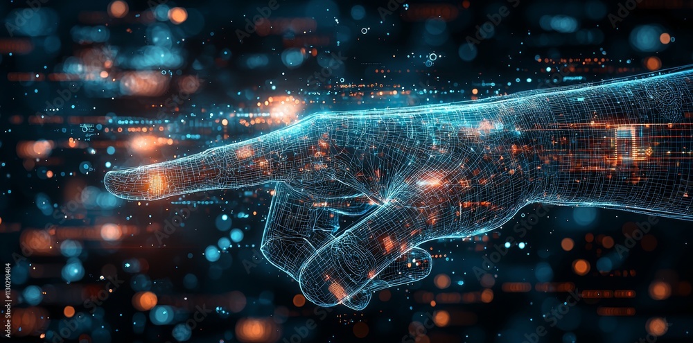 Poster A hand with a low polygon count engages with advanced big data technology and visualizations, integrating fractal elements arranged in lines and dots.
