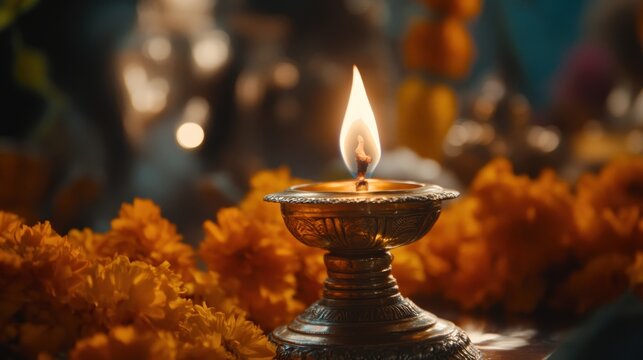 Serene Golden Candlelight amidst Marigold Flowers