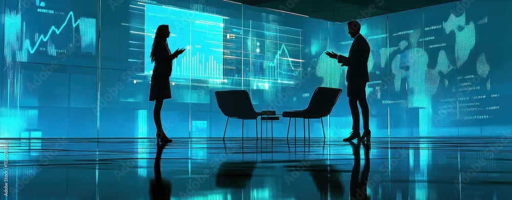 Poster Silhouetted figures in a tech-driven meeting space with data visuals.
