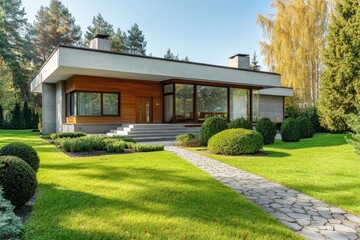 Modern house with large windows surrounded by landscaped greenery and a stone pathway.