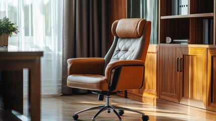 Fototapeta premium A luxurious ergonomic chair in a CEO's office, with polished wood accents and a professional, elegant setting