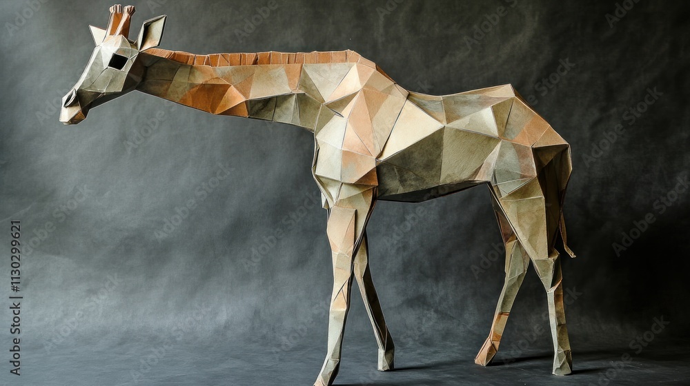 Poster A geometric sculpture of a giraffe made from triangular paper segments.
