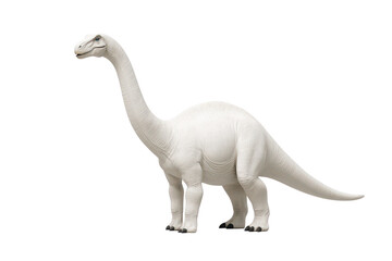 Fototapeta premium A white dinosaur figurine with a long neck and tail, resembling a brachiosaurus, stands upright.