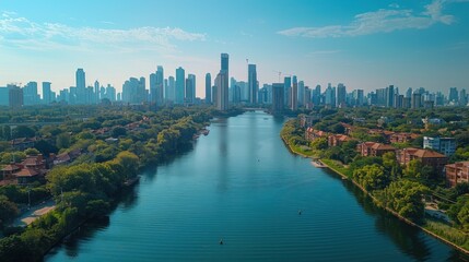 Fototapeta premium Urban Oasis: River Winding Through Modern Skyline