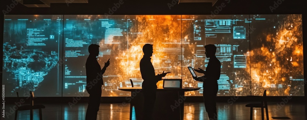 Poster Silhouetted figures discuss data against a vibrant, digital backdrop of technology and information.