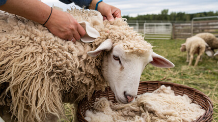 A close-up of hands shearing wool from a sheep