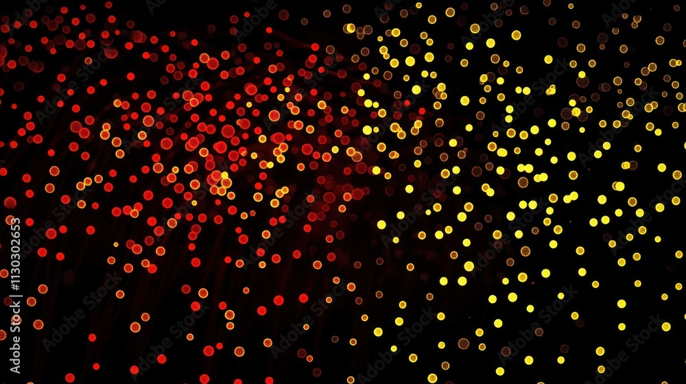 Poster abstract image of glowing red and yellow dots on a dark background, suggesting movement or energy.