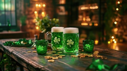 St. Patrick Day table setup with green beer mugs, shamrock cookies, and gold coins scattered around