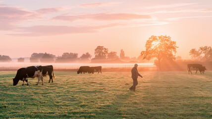 A peaceful cattle farm at sunrise