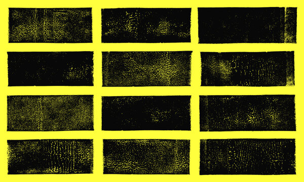 Linocut vector relief printing rectangle shapes, wide stripes rough textures collection. Paint roller stains, lino ink grunge geometric text box template. Artistic linocutting textured backgrounds set