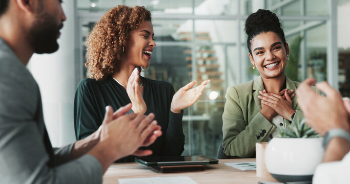 Business people, applause and meeting with group, success or celebration with thanks for agreement in office. Men, women and smile with announcement, achievement or happy for deal at creative agency