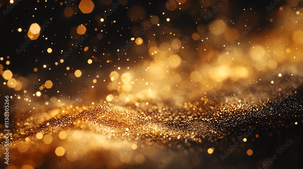 Poster abstract background with golden glitter and bokeh lights.