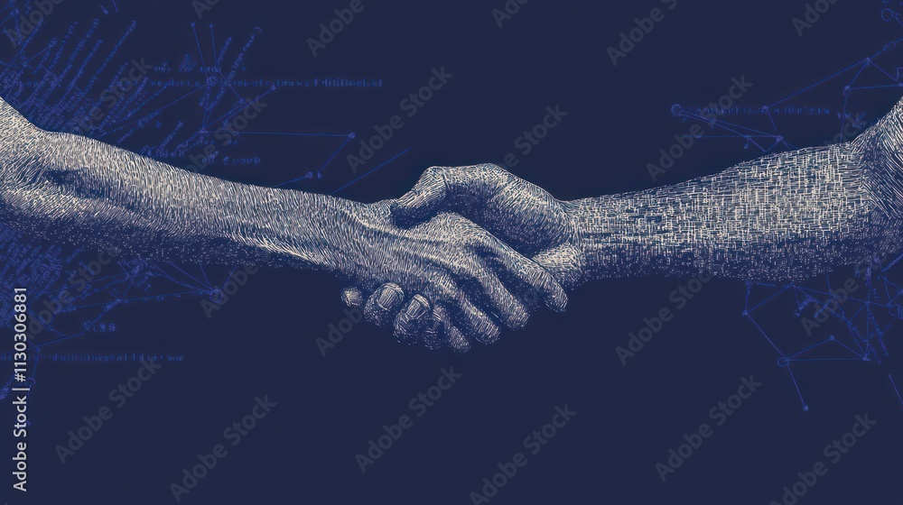 Poster A handshake symbolizing collaboration and connection amidst a digital backdrop.