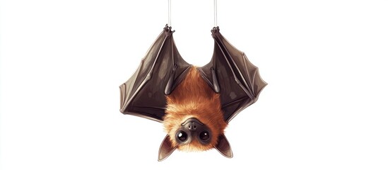 A tiny cartoon bat hanging upside down, white background 