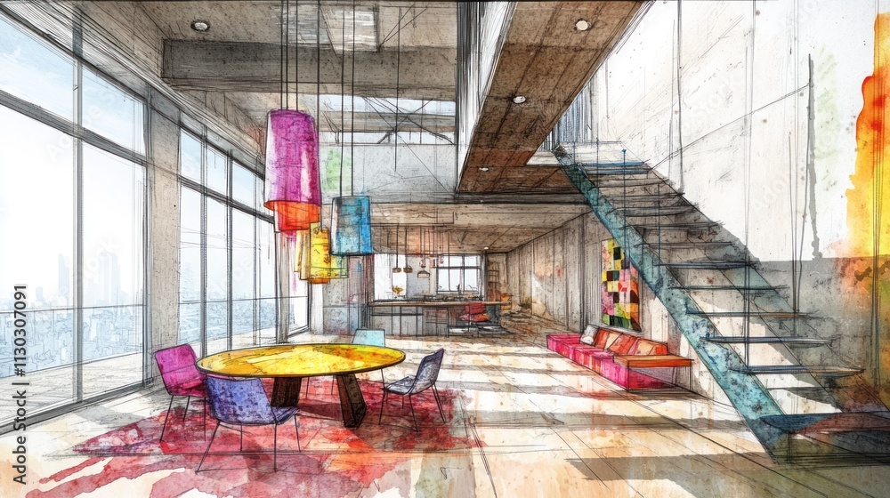 Poster Modern interior design featuring colorful furnishings and a spacious layout with large windows.