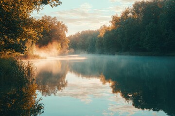 Unsurpassed quiet lake in the morning light surrounded by a forest, tree reflection on the water surface