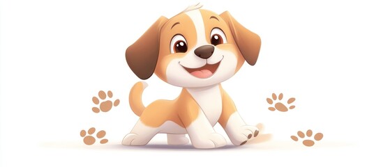 A cheerful cartoon puppy wagging its tail, surrounded by little paw prints, white background 