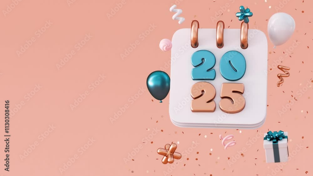 Poster 2025 happy new year looping video background with a floating calendar, metallic numbers, festive stu