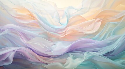 Obraz premium Delicate, silky waves in pastel tones of peach, lavender, and mint, gently swaying over a white canvas in a harmonious rhythm.