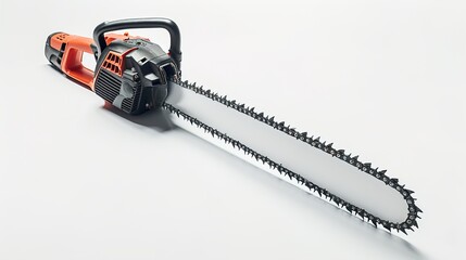 Fototapeta premium A chainsaw with a sharp, clean blade on a solid white background.