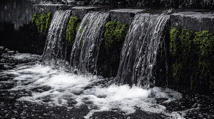 Fototapeta premium A grayscale waterfall cascading into a river, where vibrant green moss grows along the edges of the rocks