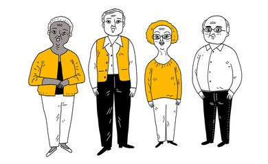 Cute character illustration of different people in various outfits, Outline, thin line art, hand...