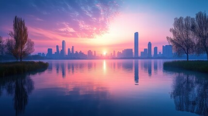 Fototapeta premium City skyline reflected in calm lake at sunrise.