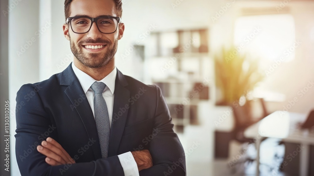 Poster a smiling man in a suit stands confidently in a modern office environment.