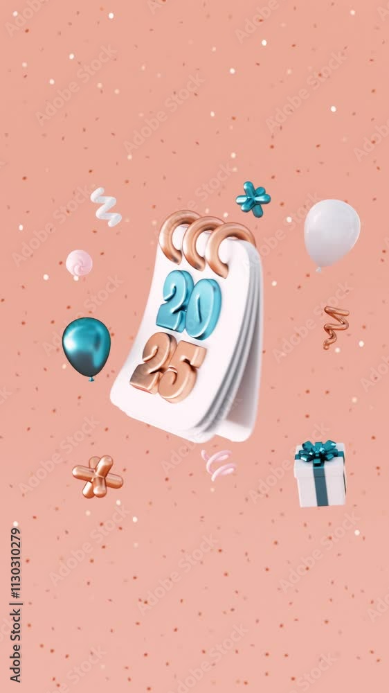 Poster 2025 happy new year looping video background for social media with a floating calendar, metallic num