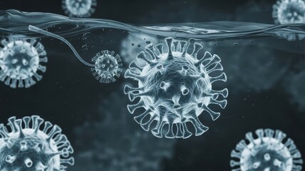 Images of the virus under a microscope in the middle of the water
