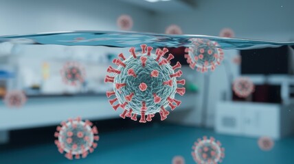 A microscopic view of a virus floating through water. The virus has a head with a spike pattern and a tail. The water is clear, and there are tiny particles floating in it. 