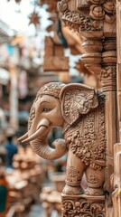 Fototapeta premium Intricate Wooden Elephant Carving: A Detailed Close-Up of Asian Artisanry