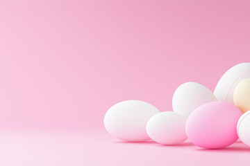 Soft pastel-colored eggs rest elegantly on a pink surface, celebrating the joy of spring festivities with vibrant hues