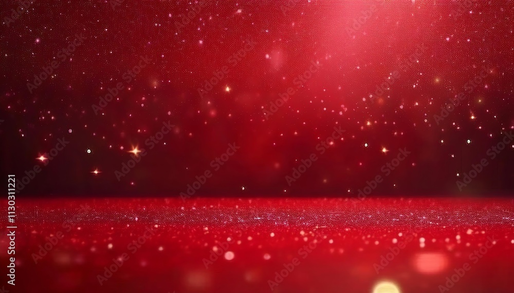 Poster a shimmering red background filled with sparkling particles, creating a festive and vibrant atmosphe