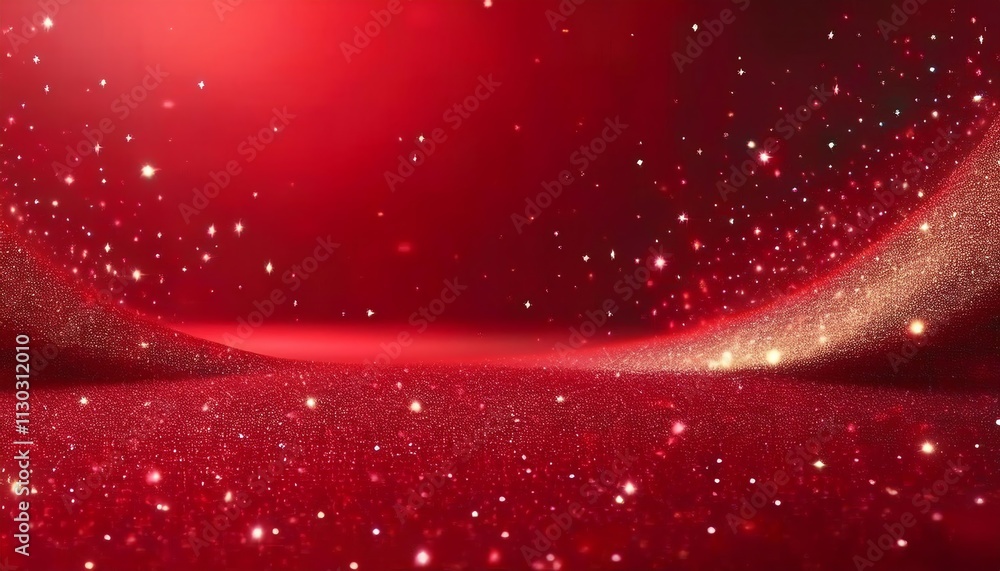 Poster a vibrant red background with sparkling particles, creating a festive and magical atmosphere.