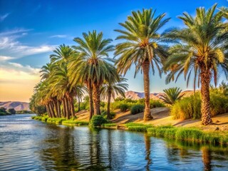 Nile Riverbank Palm Trees Scenic View Egypt High Definition