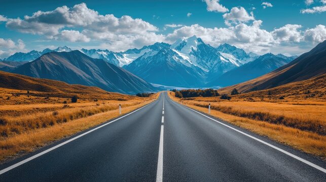 Endless straight road reaching towards majestic mountains, cloudy sky overhead, great for themes of travel and adventure in a natural setting.