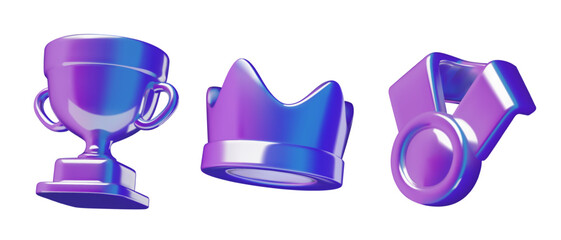 Winner awards holographic 3d icons including a medal, a trophy cup and a crown. Reward purple and blue chrome gradient vector elements.