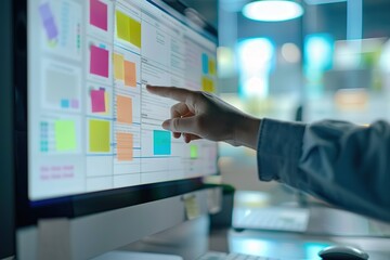 Business developer hand using Kanban board framework on virtual contemporary computer showing innovation Agile software development lean project management tool for fast changes concept